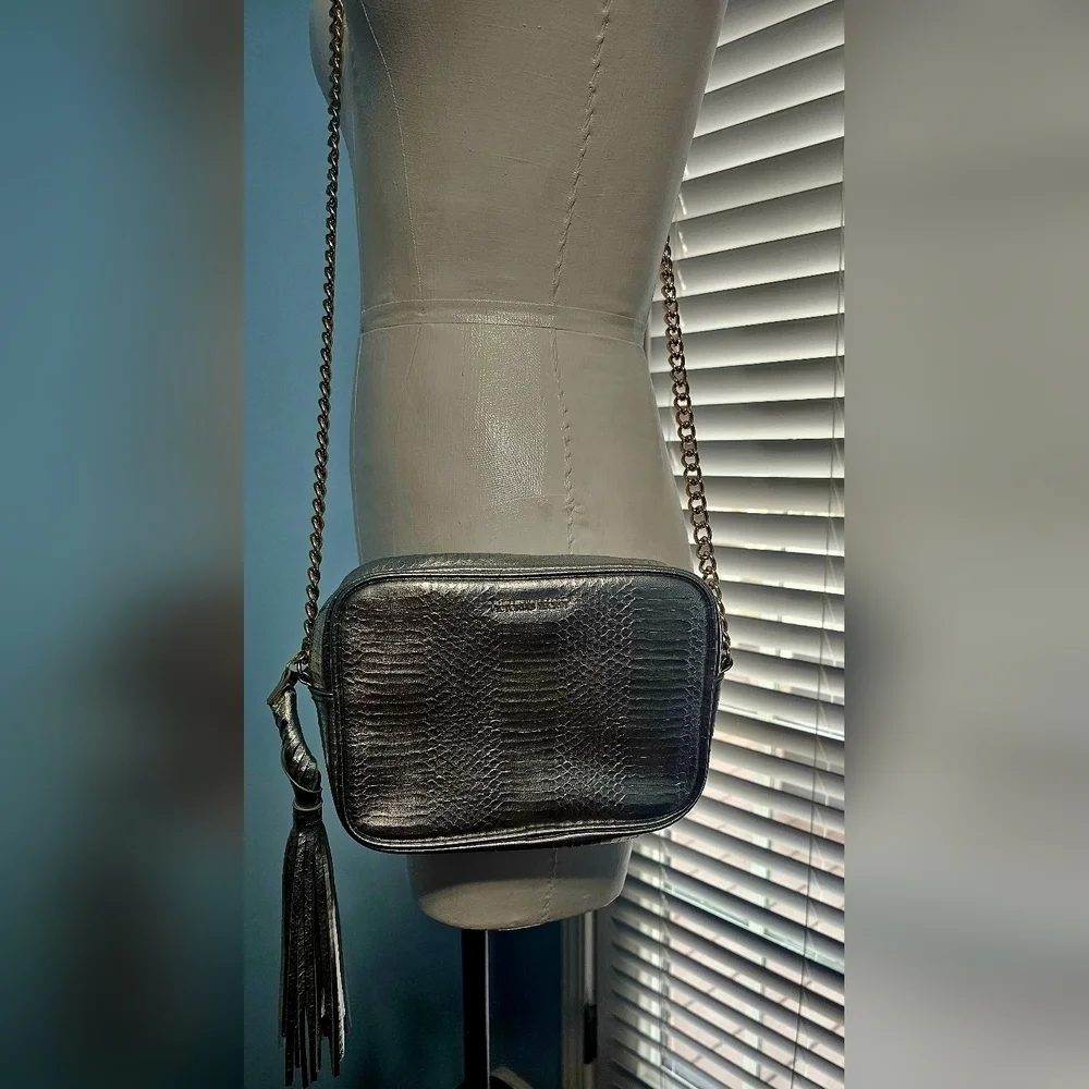 Victoria's Secret Metallic Silver Faux Snake skin  Gold Chain Crossbody bag